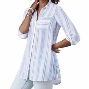 Soft Surroundings Blue White Striped Tailored Button Front Tunic Top size L